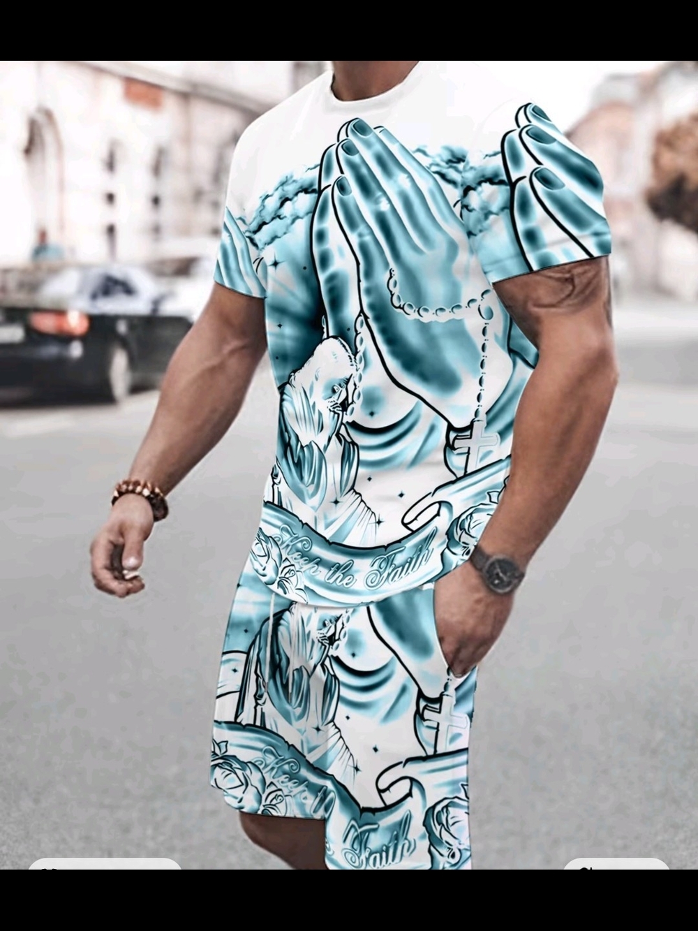 Praying Hands Graphic Tee and Shorts Set - Aqua and White